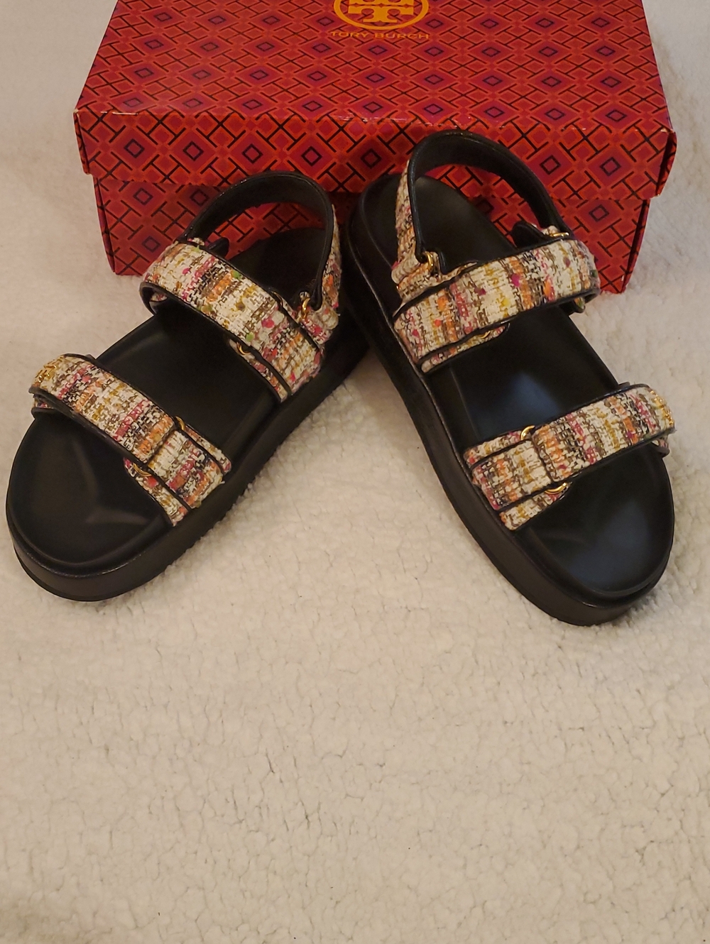 EUC Tory Burch Kira Sport Sandal-SZ 9-in Discontinued Tweed Pink/Perfect Black